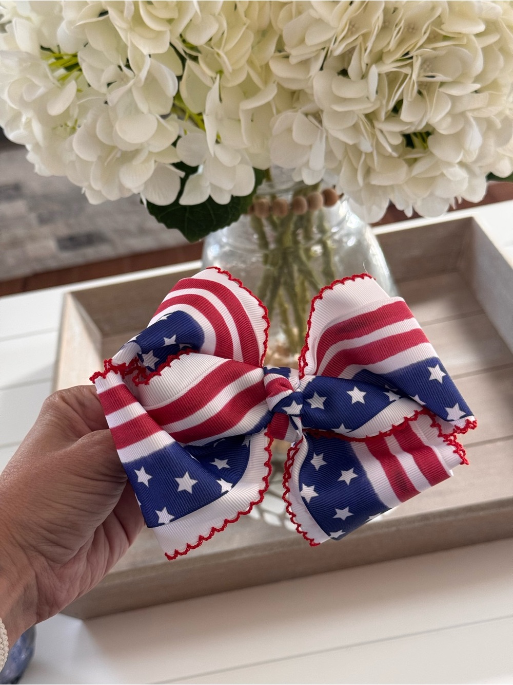 Patriotic Stars & Stripes Hair Bow - Red White Blue on clip